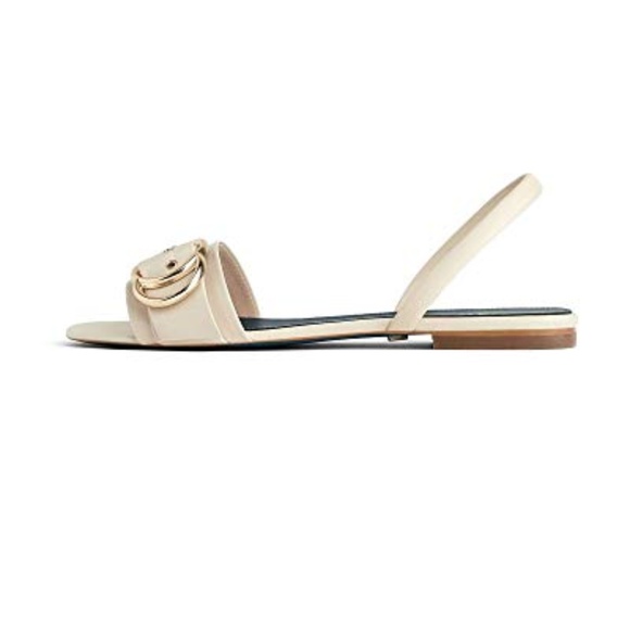 ZARA BLUE COLLECTION 100% LEATHER IVORY GOLD TONE BUCKLE SLIDES SANDALS - Picture 4 of 7